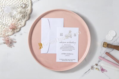 Altın Çiçek Desenli Zarif Davetiye - GD7148 - Gelin Damat