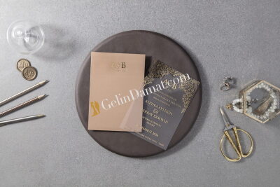 Altın Detaylı Şeffaf Pembe Davetiye - GD7154 - Gelin Damat