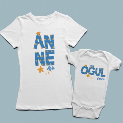 Anne Oğul - Baskılı Tişört ve Bebek Zıbını - 