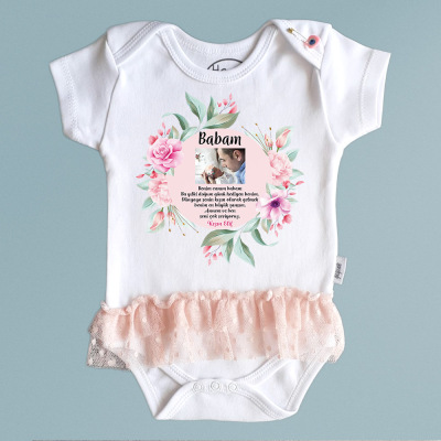 Babam başlıklı bahar çiçekleri fotoğraflı tütü etekli bebek zıbın - 