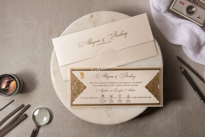 Bej Özel Yaldız İşlemeli Davetiye - GD8393 - Gelin Damat