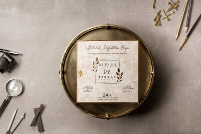 Bej Yaprak Desenli Modern Davetiye - GD8391 - Gelin Damat