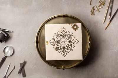 Beyaz Desenli Püskül Detaylı Davetiye - GD8326 - Gelin Damat