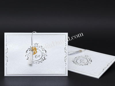 Beyaz Özel Desenli Püskül Detaylı Davetiye - GD2031 - Gelin Damat