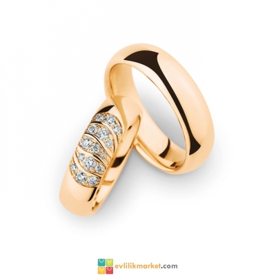 Bombeli rose taşlı altın alyans - 7.10 Gram - Gelin Damat Alyans