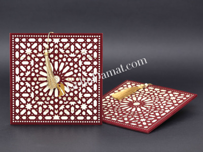 Bordo Özel Kesim Detaylı Modern Davetiye - GD2018 - Gelin Damat