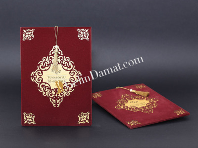 Bordo Özel Kesimli Püskül Detaylı Davetiye - GD2021 - Gelin Damat