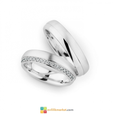 Broseli taşlı beyaz altın alyans - 6.10 Gram - Gelin Damat Alyans