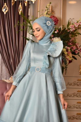 Çağla Bebe Mavisi Tesettür Abiye - GELİN DAMAT