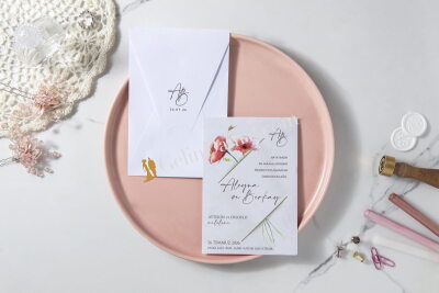 Çiçek Desenli Modern Zarif Davetiye - GD7136 - Gelin Damat