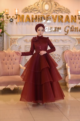 Dicle Bordo Tesettür Abiye - GELİN DAMAT