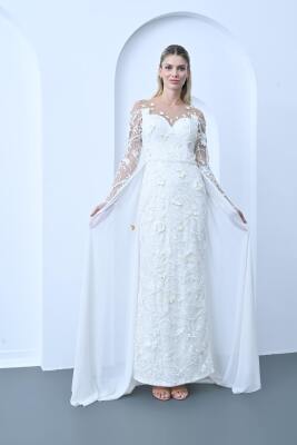 Düz Kesim Uzun Kol Tül Çiçek Desenli Gelinlik Modeli - 1019 - Gelin Damat