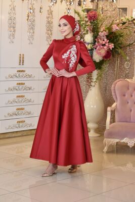 Funda Kırmızı Tesettür Beyaz Abiye - GELİN DAMAT