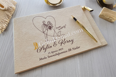 Gelin Damat Kalp Desenli Kişiye Özel - Anı Defteri - Gelin Damat Anı Defteri