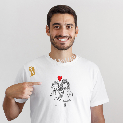 Gelin ve Damat Figürlü Baskılı Erkek Tişörtü - Gelin Damat