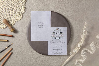 Gri Özel Çiçek Desenli Davetiye - GD7120 - Gelin Damat