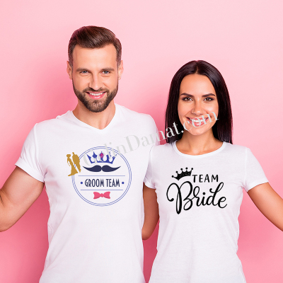 Groom Team & Team Bride Çift Baskılı Tişört Seti - Gelin Damat