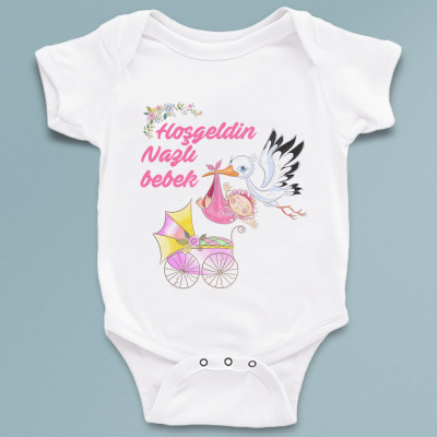 Hoşgeldin bebek leylek temalı isme özel bebek zıbın - 