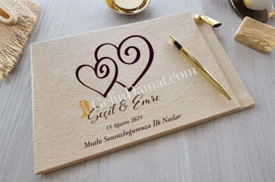 İki Kalp Baskılı Anı Defteri - Gelin Damat Anı Defteri