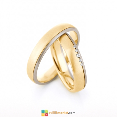 İki Renk Taşlı Altın Alyans - 5 gr - Gelin Damat Alyans