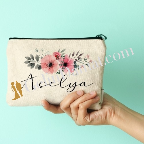 İsme özel çiçekli çok amaçlı canvas clutch çanta - 3