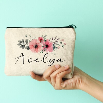 İsme özel çiçekli çok amaçlı canvas clutch çanta - 