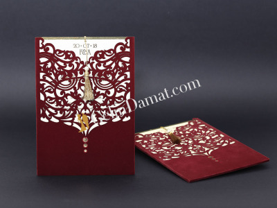 Kadife Bordo Lazer Kesim Püsküllü Davetiye - GD2010 - Gelin Damat