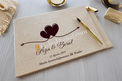 Kalemli İkili Kalp Anı Defteri - Gelin Damat Anı Defteri