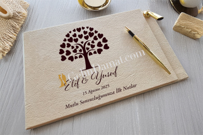 Kalemli Kalpli Ağacı Düğün Anı Defteri - Gelin Damat Anı Defteri