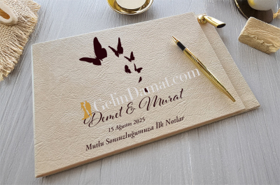 Kelebek Desenli Kişiye Özel Düğün Anı Defteri - Gelin Damat Anı Defteri