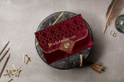 Kırmızı Kadife Lüks Davetiye - GD8310 - Gelin Damat