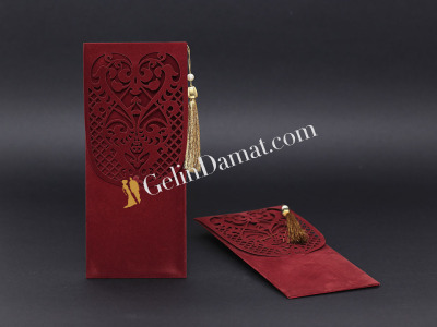 Kırmızı Kadife Özel Kesim Davetiye - GD2015 - Gelin Damat