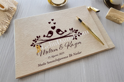 Kuş Desenli Kişiye Özel Düğün Anı Defteri - Gelin Damat Anı Defteri
