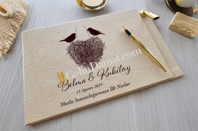 Kuş ve Kalp Desenli Kişiye Özel Düğün Anı Defteri - Gelin Damat Anı Defteri