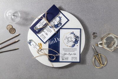 Lacivert Çiçek Detaylı Zarif Davetiye - GD7001 - Gelin Damat