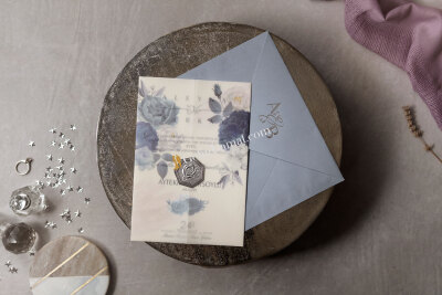 Mavi Çiçek Detaylı Şeffaf Davetiye - GD8438 - Gelin Damat