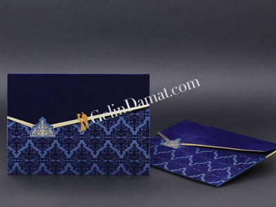 Mavi Kadife Desenli Modern Davetiye - GD2020 - Gelin Damat