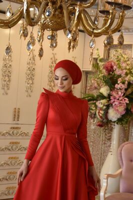 Mehtap Kırmızı Tesettür Abiye - GELİN DAMAT