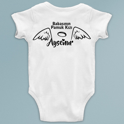 Melek kanatlı babasının pamuk kızı sırt baskılı isme özel bebek zıbın - 