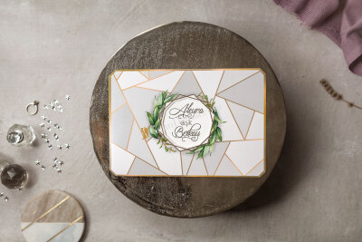 Modern Desenli Yaprak Detaylı Davetiye - GD8432 - Gelin Damat