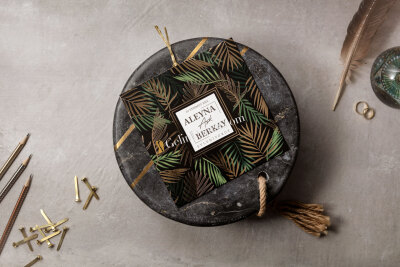 Modern Yaprak Desenli Lüks Davetiye - GD8445 - Gelin Damat