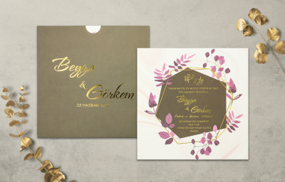 Özel Beyaz Desenli Yaldız Davetiye - GD1223C - Gelin Damat Davetiye