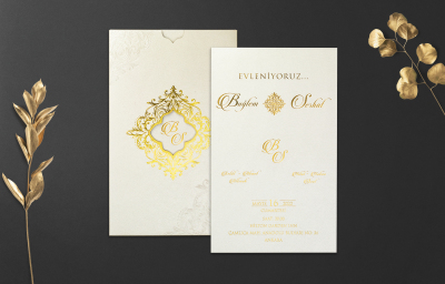 Özel Beyaz Desenli Yaldız Davetiye - GD1237C - Gelin Damat Davetiye