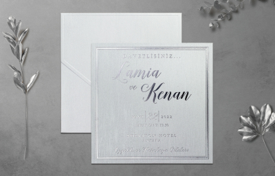 Beyaz - Gri Desenli Davetiye - GD1260C - Gelin Damat Davetiye