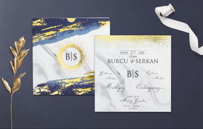 Özel Beyaz Mavi Desenli Yaldız Davetiye - GD1224C - Gelin Damat Davetiye