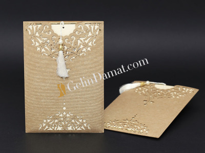 Özel Kesimli Püskül Detaylı Modern Davetiye - GD2013 - Gelin Damat