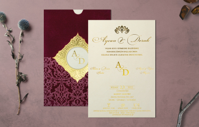 Özel Kırmızı Varak Yaldız Davetiye - GD1209C - Gelin Damat Davetiye