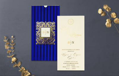 Özel Mavi Desenli Yaldız Davetiye - GD1219C - Gelin Damat Davetiye