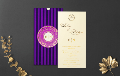 Özel Mor Desenli Yaldız Davetiye - GD1220C - Gelin Damat Davetiye