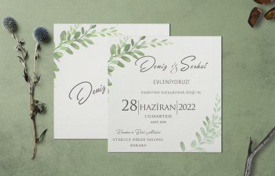 Yaprak Desenli Düğün Davetiyesi - GD1255C - Gelin Damat Davetiye